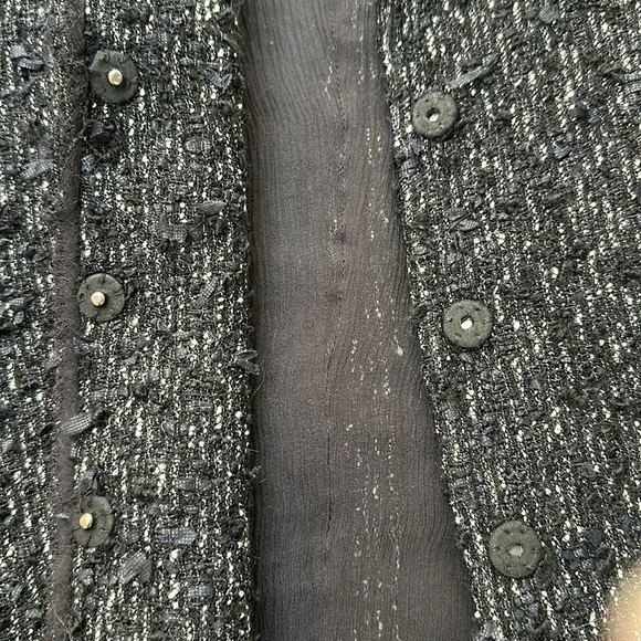 Elie Tahari Black Tweed Button-Up Blazer W/ Fringe Trim Sz Medium - Picture 4 of 16